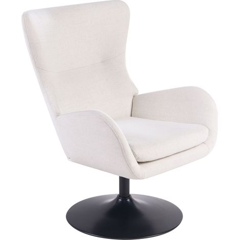 Fauteuil en Tissu Pivotant à 360° Pied Massif en Fer Noir Coussin d'Assise Blanc Cassé Vigge