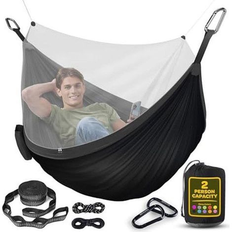 Hamac 2 Places,Pliable,Ultra-Léger et Portable,Hamac Extérieur avec Capacité 350 kg,Idéal pour Jardin,Camping,Voyage,Noir avec filet (1/5)