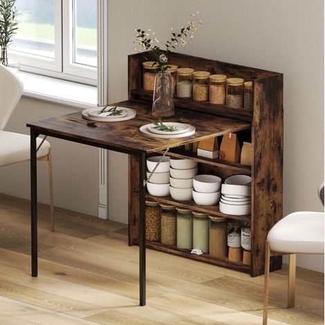 Table à manger pliante 90x80x93 cm en bois brun avec rangement, pour petit espace – MEUBLIV (1/5)