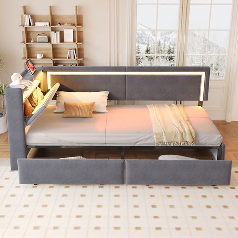 Lit capitonné convertible 90x200 cm avec éclairage LED, ports USB, tête de lit relevable avec coffre et tiroir, velours, gris foncé (1/5)