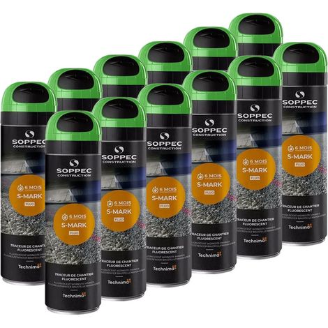 SOPPEC Pack de 12 Traceurs de Chantier Fluorescent Vert 6 Mois S MARK - Aérosol 500ml (1/2)