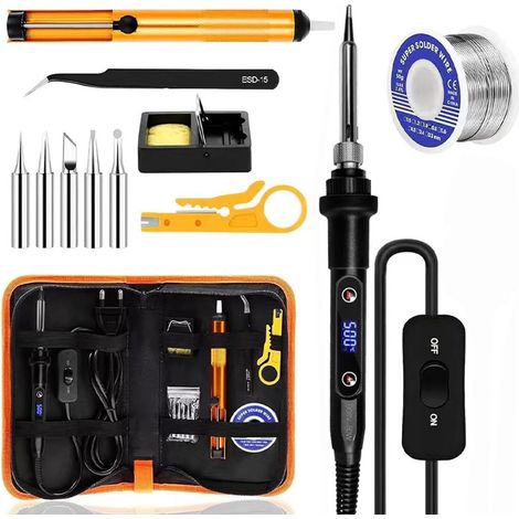 Fer à Souder Set,80W Température Réglable 180-500°C Electronique de Precision avec Interrupteur ON/OFF, 5 Conseils de soudage,Barre de Soudure pour la Maintenance Electrique (Noir) (1/5)