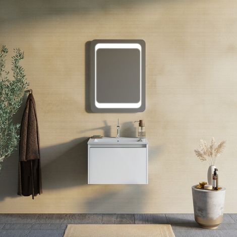 Mobile Bagno Sospeso 60Cm Bianco Opaco Con Specchio Led 60X80  Monaco