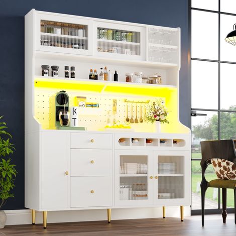 Hochschrank MDF/Glas Weiß 145 x 39 x 171 cm mit LED-Beleuchtung, Glasschiebetüren, Weineinsatz und verstellbaren Böden (1/5)