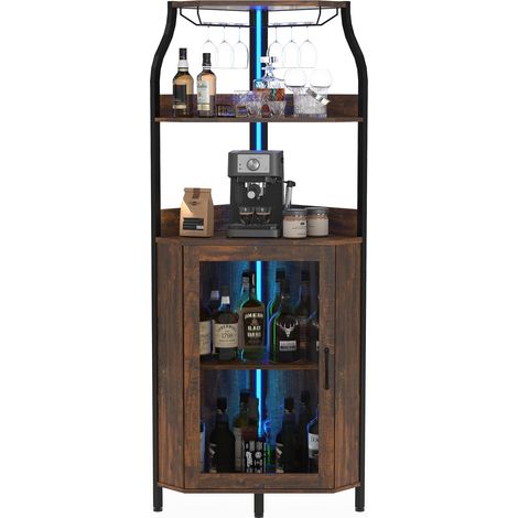 Meuble bar à vin moderne en MDF courbé avec 4 étagères et porte vitrée – Éclairage LED, rangement pour bouteilles et verres – Robuste, facile à nettoyer, idéal salon/salle à manger – Finition marron p (1/5)