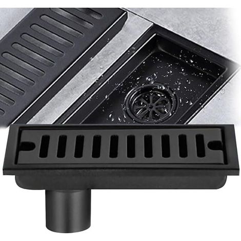 Siphon de sol rectangulaire, siphon de sol en acier inoxydable noir 20x10 cm siphon de sol de douche avec double filtre pour WC salle de bain drainage cuisine balcon