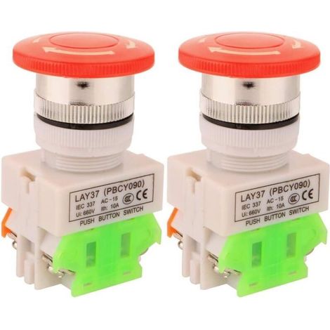 2pcs AC 10A 22mm L'arret D'urgence Bouton Poussoir NO/NC Rouge Capuchon Champignon (1/5)