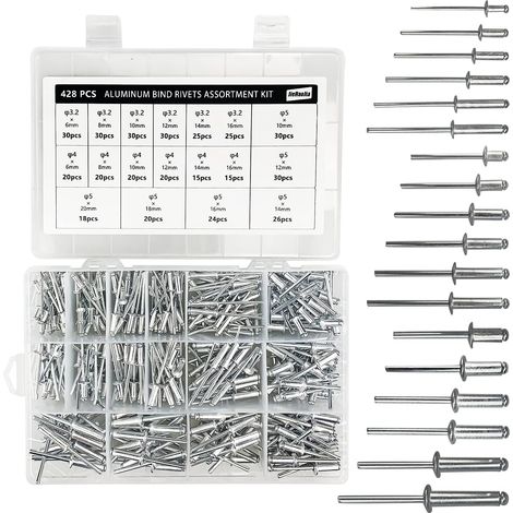 428 Pièces Ensemble de Rivets Aveugles en Aluminium, 18 Tailles Pop Rivets à Tête Plate, Assortiment de Rivet Pop pour Métal, Bois, Plastique (1/5)