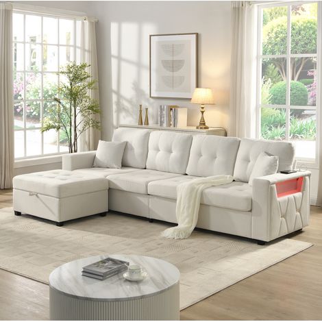Canapé d'angle modulable 253x144,5x80,7 cm en tissu lin beige, avec rangement salon FloraGrace (1/5)