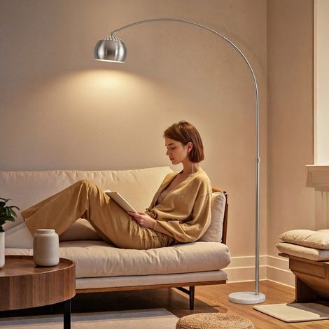 Lampadaire, design arqué avec base en marbre, 167 cm, argent (1/5)