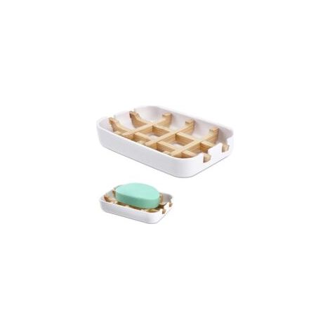 1 Portasapone in bambù resistente ed ecologico, realizzato in bambù naturale con scolapiatti in fibra antiscivolo, per riporre spugne, accessori per cucina e bagno, senza coperchio (bianco) - Crezuo