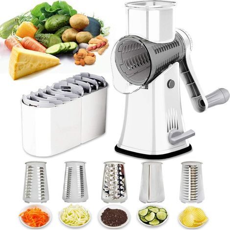 5-in-1 Rotary Cheese Grater with Tumbler Box, Mandoline Slicer, Julienne Vegetable Cutter, Waffle Cutter, Nut Chopper, Handle, and Powerful Suction Cup Base (1/5)