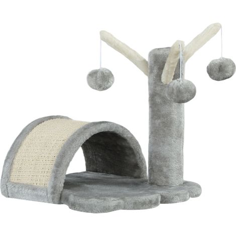 Arbre à chat gris clair 40 cm, petite tour avec niche pour se cacher, 2 balles de jeu, griffoir avec tapis, pour chatons et grands chats. (1/4)