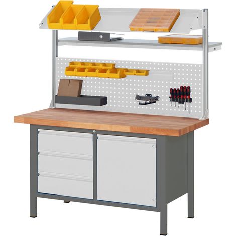 STIER Höhenverstellbare Werkbank mit Aufbau Premium mit 3 Schubladen und 1 Flügeltür BxTxH 1500x700x840-1040mm (1/5)