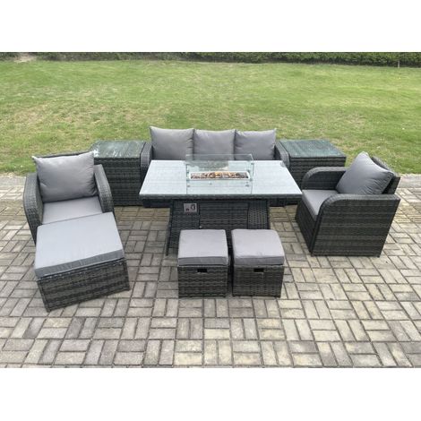 Fimous Polyrattan Gartenmöbel set Gas Feuerstelle Esstisch mit 2 Beistelltisch Sessel 3 Hockern (1/5)