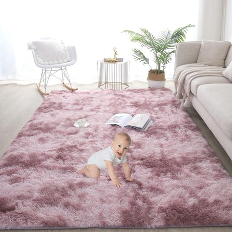 Tapis moelleux et ultra-doux pour salon, chambre et déco – Carpette hirsute antidérapante, confortable et esthétique – Nuance rose tie-dye, dimension 160 x 200 cm (1/4)