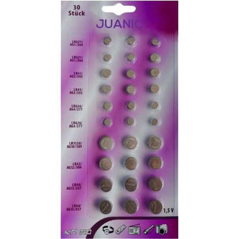 Lot de 30 Piles bouton plates 1.5V Alkaline compatibles AG13/AG12/AG10/AG4/AG3/AG1 - Juanio - (1/2)
