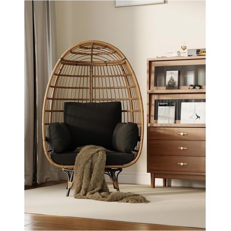 Fauteuil Œuf Pivotant 360° de Jardin en Rotin PE avec Structure Acier Noir et Coussin Épais Beige, Résistant aux Intempéries pour Terrasse, Véranda et Jardin (1/5)
