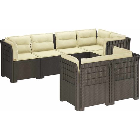 Canapé de Jardin Modulaire 7 Places en PP Aspect Rotin avec Coussins Gris Clair et Crème - PANGIVO (1/5)