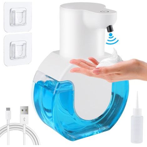 Distributeur de Savon Automatique, 420ml Distributeur Savon Mousse USB Rechargeable Distributeur Savon Automatique Mural IPX5 Étanche pour Cuisine, Salle de Bain- Blanc (Mousse Automatique) (1/5)