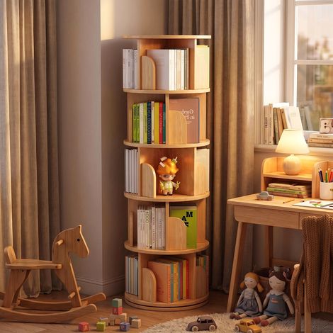 5 étagères pivotantes, étagère pivotante à 360°, gain de place, étagère pivotante idéale pour les petits espaces, chambre, salon, maison ou bureau, couleur bois (1/4)