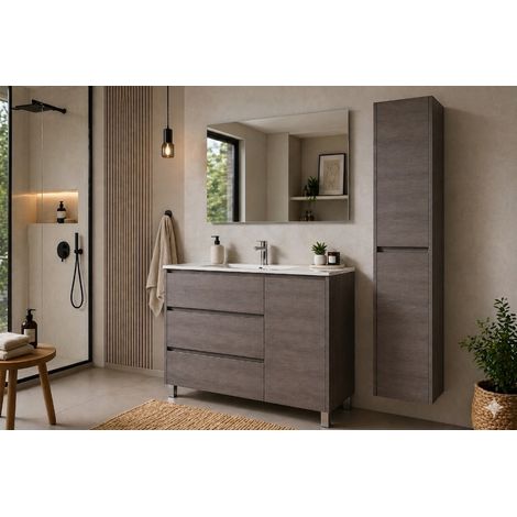 Mobile Bagno VOLUM Già Montato 3 cassetti e porta, lavabo e specchio Rovere affumicato 90x40 cm con colonna