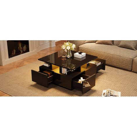 Table de salon de 70×70×40 cm, table à café en finition haut-degré. Table basse avec éclairage LED. Table basse dotée de 4 tiroirs. Table d’appoint au design géométrique, en couleur noire. Poids total (1/5)
