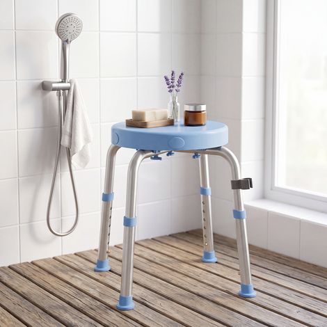 Tabouret de douche pivotant à 360°, avec structure en aluminium et hauteur réglable sur 5 niveaux, bleu clair (1/5)