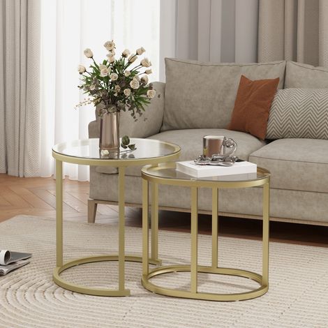 2-teilige stapelbare runde Couchtische, Stahlgestell, Glasplatte, goldfarben HAVRYA (1/5)