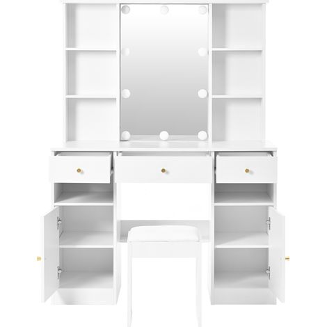Tocador grande blanco con espejo, luces LED regulables, 3 cajones y 2 puertas (1/5)