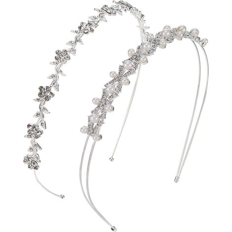 Headband Mariage - Couronne Cheveux Fleur et Perles Faux - Alliage Argenté - Hauteur 14 cm - Largeur 13 cm - Lot de 2 (1/5)