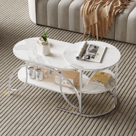Tavolino da caffè a cubo, effetto marmo, design moderno con telaio in metallo, mensole, set di 2 tavoli modulari e multifunzionali - Argento