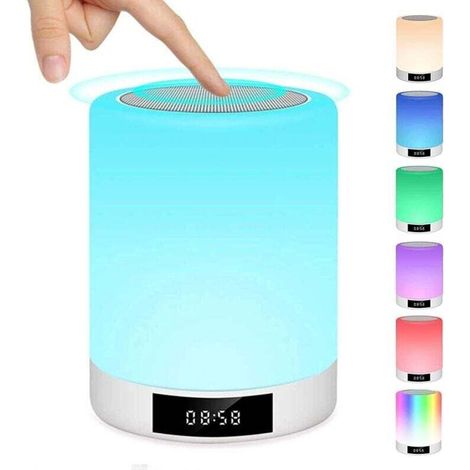 Lampe de Chevet Tactile Rechargeable Portable, Lampe de Table Enceinte Bluetooth Musique, FM Radio Réveil Lumière LED Multicolor Mains Libres, Idée Cadeau Fille, Ado, Mère, Anniversaire (1/4)