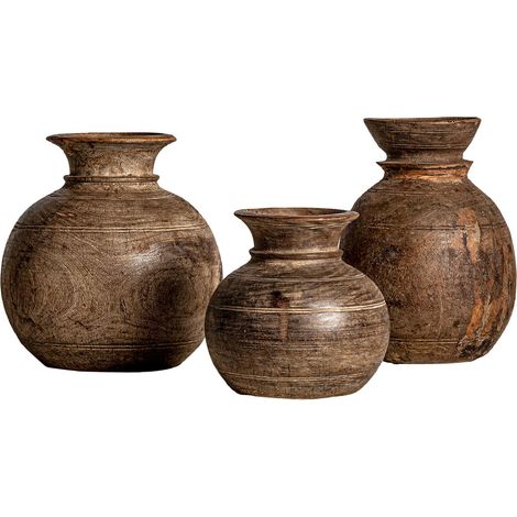 Vase ethnique en bois recyclé de mango - Teinte bois brun vieilli naturel (1/4)