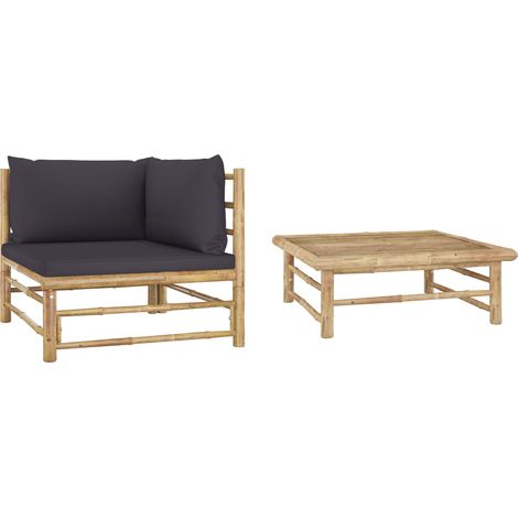 2 pcs Salon de jardin, Ensemble table et chaises de jardin, Meuble de jardin avec coussins gris foncé Bambou MKW615359 (1/5)