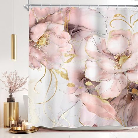 Rideau de douche en marbre 60Lx72P pouces Ombre rose et or abstrait fleurs florales luxe moderne texture encre minimaliste décoration de bain élégante pour filles accessoires de salle de bain (1/5)