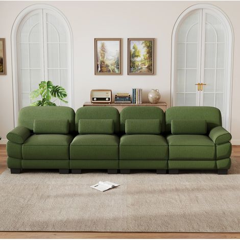 Canapé droit 4 places modulable en velours côtelé avec coussins lombaires, assise profonde 61 cm, sans montage, 336x88.5x94 cm, vert (1/5)