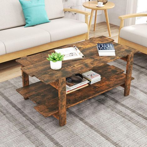 GOPLUS Table Basse à 2 Niveaux Rectangulaire avec Rangement & 4 Pieds Solides-115x59x46CM-Style Industriel,Marron (1/5)