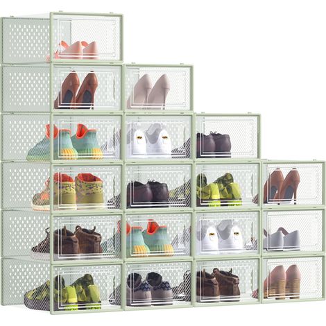 Boîtes à Chaussures, Rangement Chaussures en Plastique, Pliables et Empilables, pour Pointure Jusqu’à 43, Lot de 18, Transparent et Vert Olive LSP066C18 (1/5)
