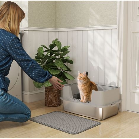 Offene Katzentoilette 60,2x40,2x29,5 cm Edelstahl grau, hohe Wände für Katzen bis 7 kg – MEUBLIV (1/5)