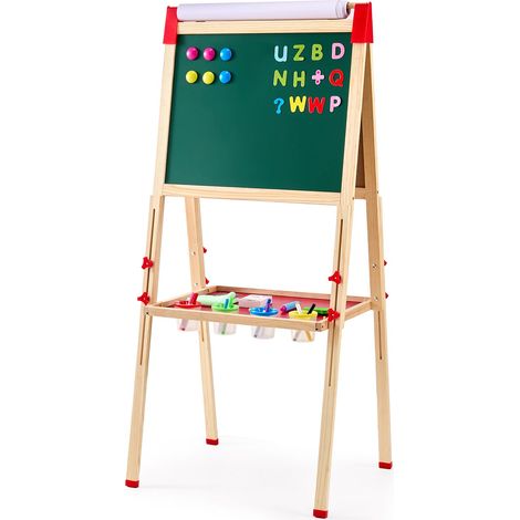 Chevalet de Dessin pour Enfants, 3-en-1 en Bois Double Face avec Tableau Magnétique, Ardoise et Rouleau de Papier, Réglable en Hauteur avec Accessoires de Peinture (1/5)