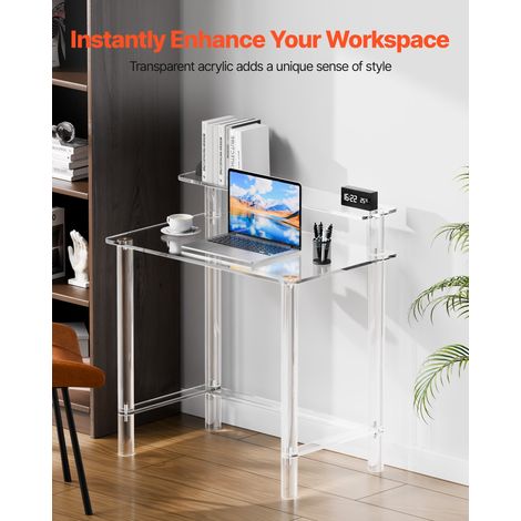 Table de bureau en acrylique, 50 x 80 x 88 cm, bureau d'étude transparent à 2 niveaux avec support d'écran, table console en acryli… (1/5)