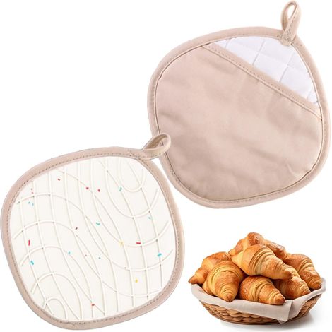 CCYKXA 2-in-1 Küchenhandschuhe mit Taschen, hitzebeständig, rutschfest, aus Baumwolle zum Kochen und Backen (20,5 x 20,5 cm, beige) (1/5)
