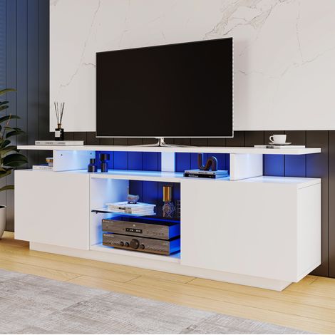 Mueble TV blanco 140 x 35 x 55 cm con iluminación LED de 16 colores, para TV de 60 pulgadas DESVIAE (1/5)