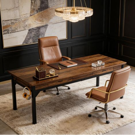 REDOM Escritorio doble 200x60x82 cm, para 2 personas con 2 cajones y 2 ganchos, metal y madera, negro y marrón rústico (1/5)