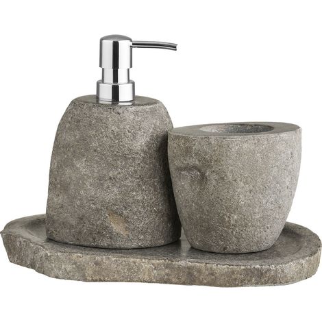 Set bagno Gara in pietra riverstone — dispenser, portaoggetti e vassoio (1/5)