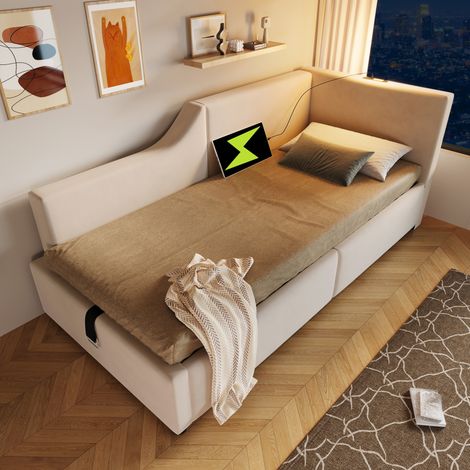 Letto daybed imbottito in velluto beige 90x200 cm con contenitore idraulico, luce lettura e USB-C (1/5)