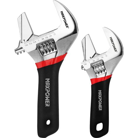 MAXPOWER Adjustable Spanner Set 2-Pieces, 2-in-1 Adjustable Wrench Set, Plumbing Wrench Pipe Wrench with Reversible Wide Opening Jaw 6"/150mm and 8"/200mm,Black With Short Handle (1/5)