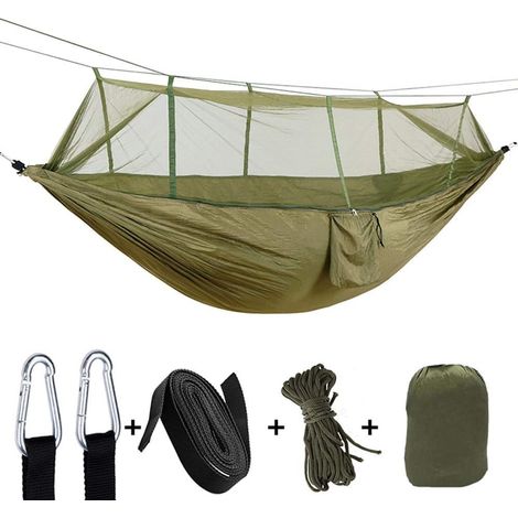Camping hammock with mosquito net, portable swing, single/double, lightweight, for outdoor travel. Hammock for camping, hiking, backpacking, military green, sky green. (1/5)