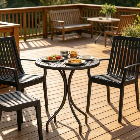 Mesa de jardín redonda (Ø66 x 71.5 cm), con tablero acanalado, para bebidas y aperitivos, acero galvanizado negro (1/5)